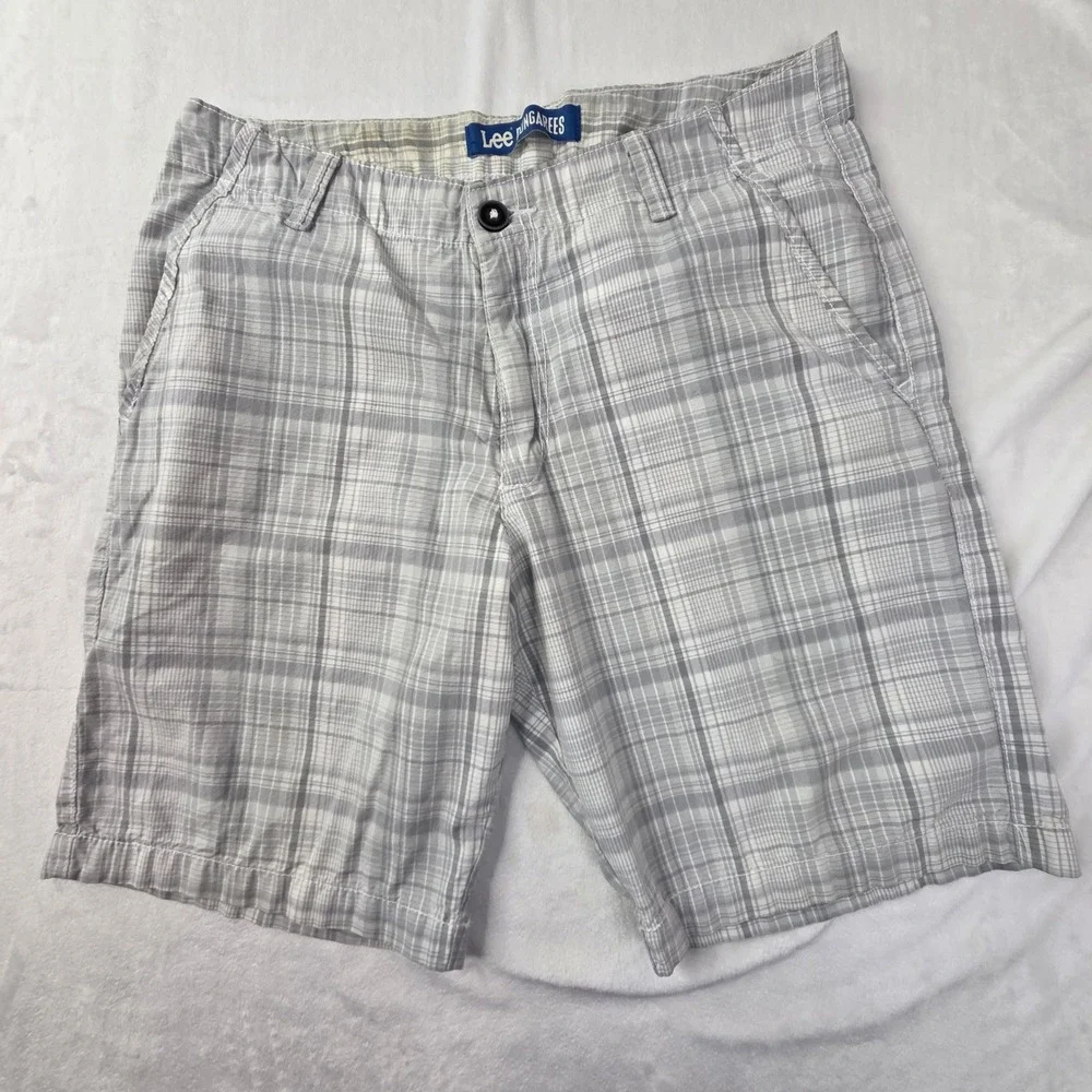 Lee Dungarees Shorts Men 32 Gray Plaid Cotton Casual Flat‎ Front Good